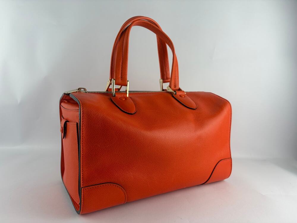 Valextra Babila Boston Orange Millepunte Grained Leather Duffle Top Handle Bag
